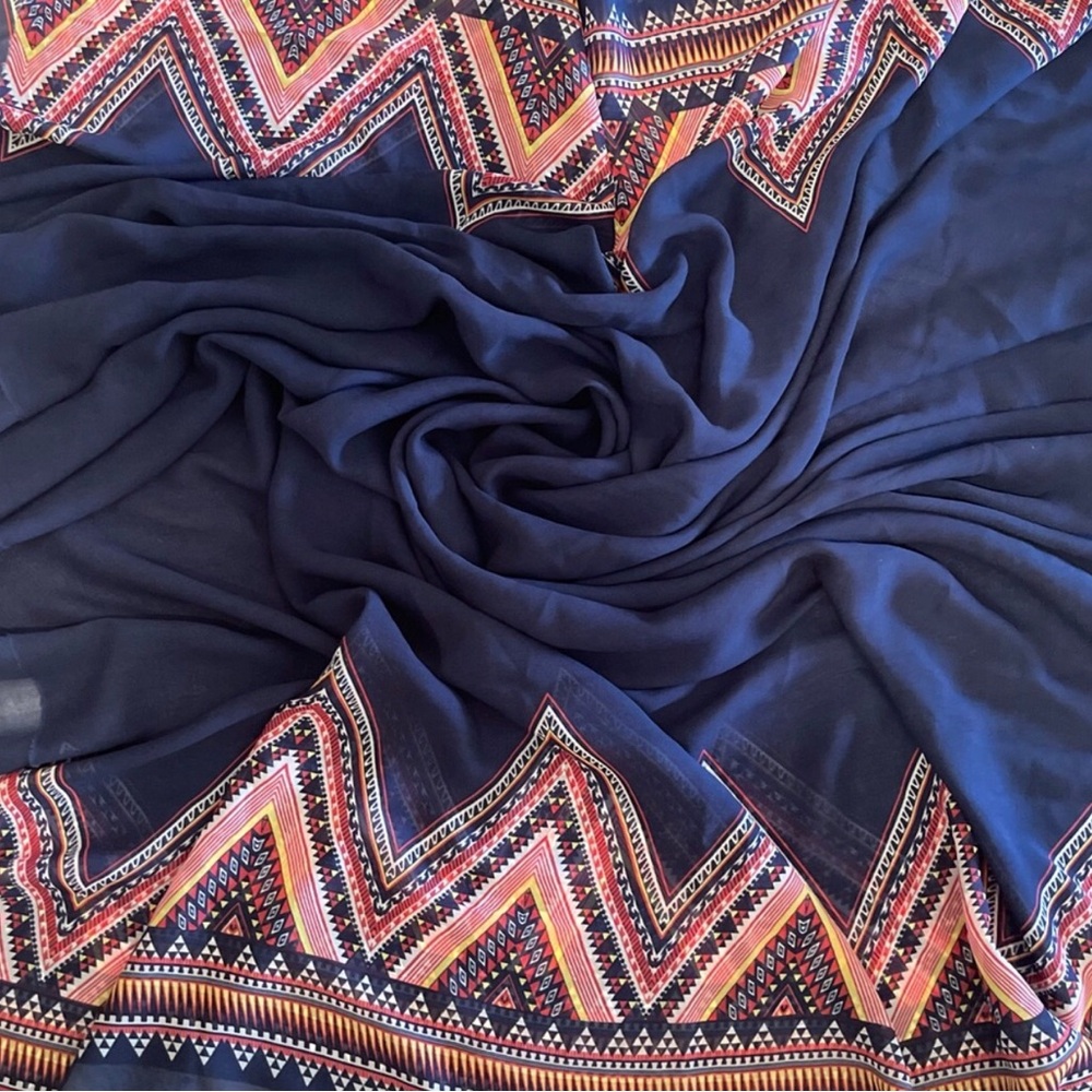 Navy Blue Chevron Print and Multicolor Patterned Chiffon Fabric
